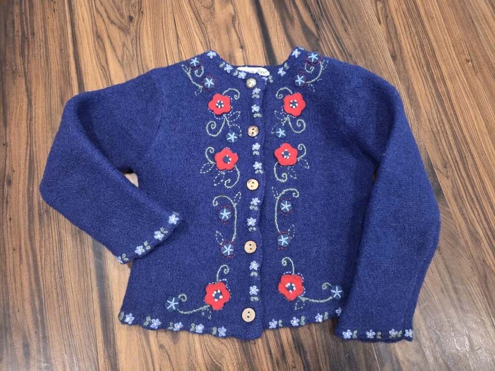 Vintage Eagles Eye 100% Wool Cardigan Sweater Blue Red Floral Embroidered M 5/6